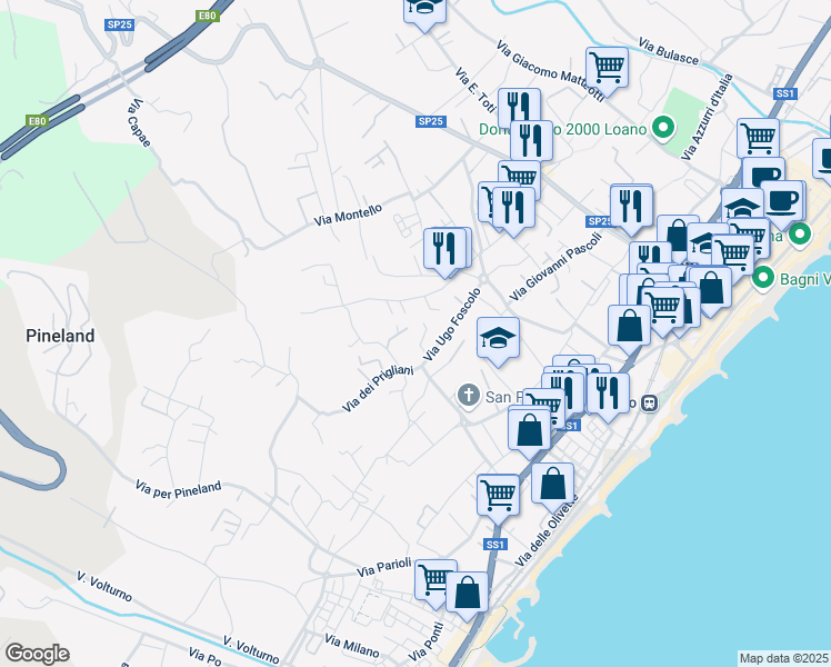 map of restaurants, bars, coffee shops, grocery stores, and more near 40 Via Ugo Foscolo in Loano