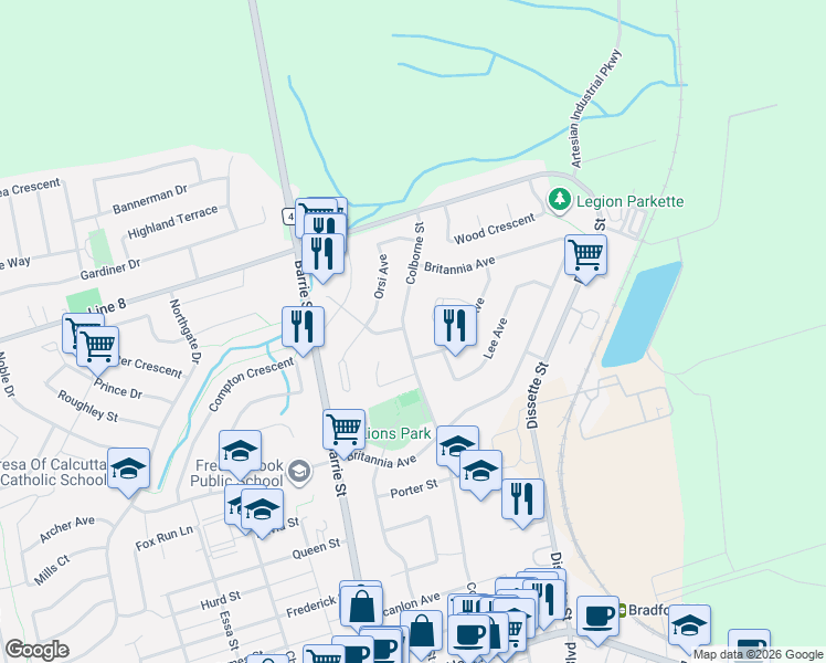 map of restaurants, bars, coffee shops, grocery stores, and more near 329 Colborne Street in Bradford West Gwillimbury