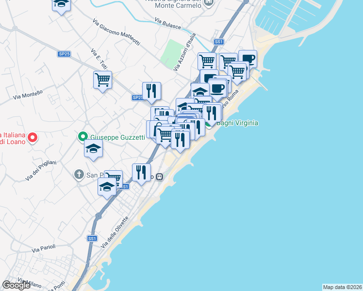 map of restaurants, bars, coffee shops, grocery stores, and more near Lungomare Marconi in Loano