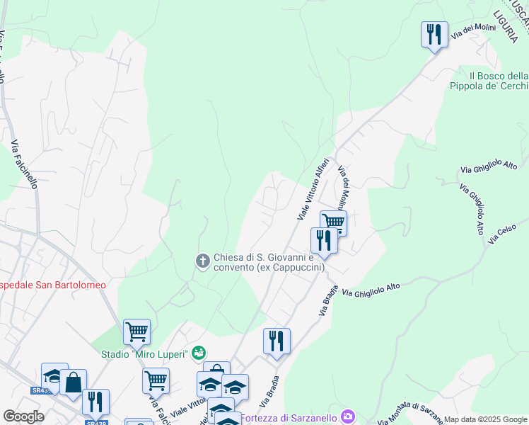 map of restaurants, bars, coffee shops, grocery stores, and more near 19 Via Monticello in Sarzana