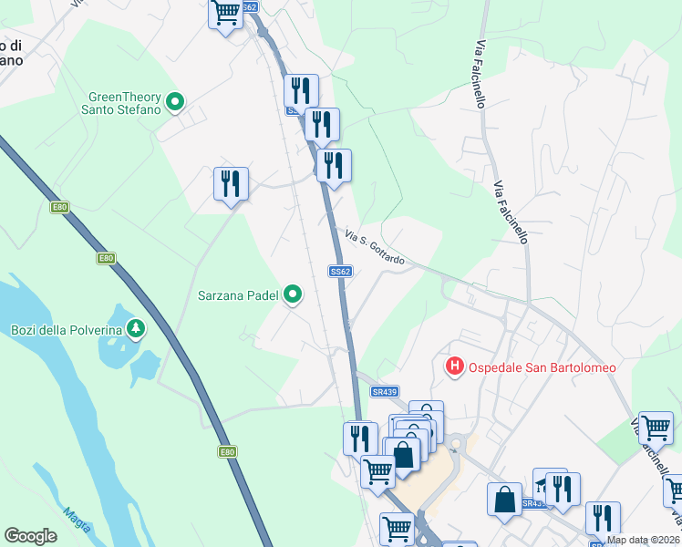 map of restaurants, bars, coffee shops, grocery stores, and more near Strada Statale 62 della Cisa in Sarzana