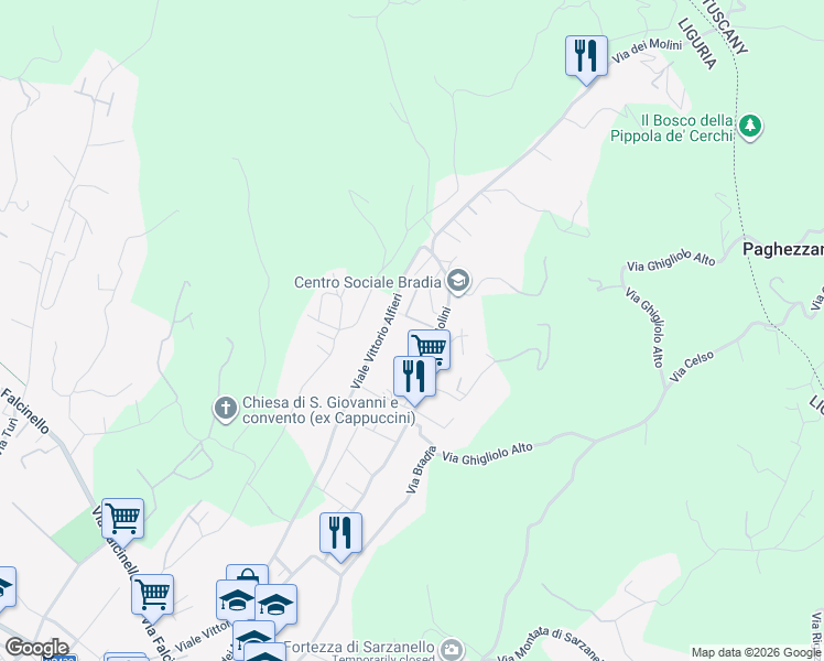 map of restaurants, bars, coffee shops, grocery stores, and more near 305 Via dei Molini in Sarzana