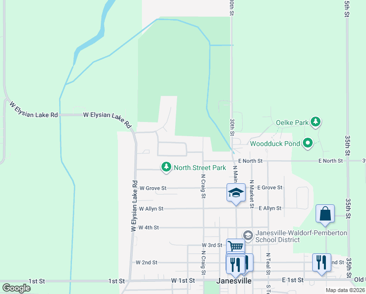 map of restaurants, bars, coffee shops, grocery stores, and more near 107 Meadow Lane in Janesville