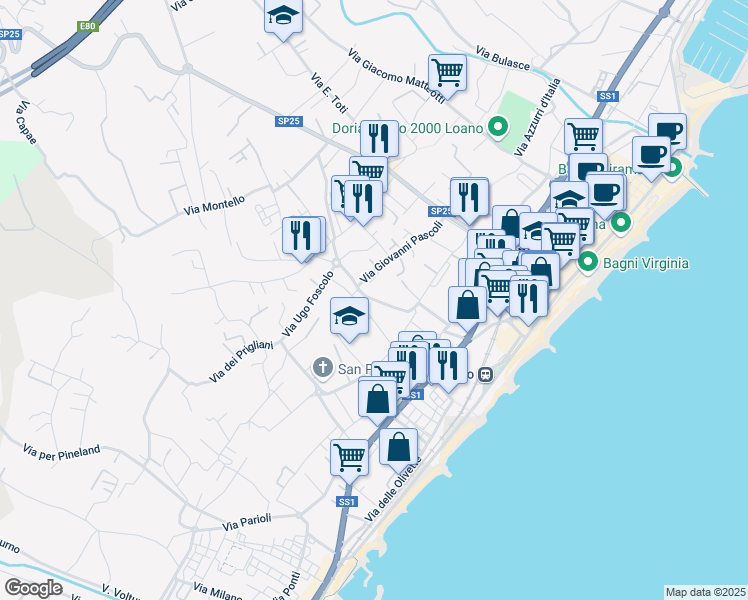 map of restaurants, bars, coffee shops, grocery stores, and more near 10 Via Giovanni Boccaccio in Loano