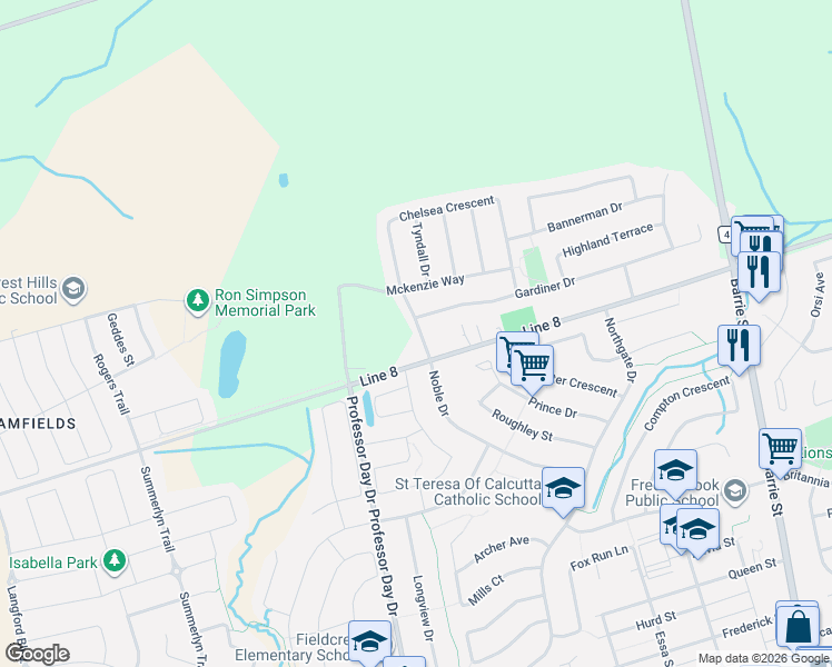 map of restaurants, bars, coffee shops, grocery stores, and more near 136 Noble Drive in Bradford West Gwillimbury