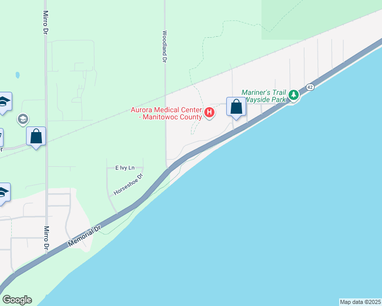 map of restaurants, bars, coffee shops, grocery stores, and more near 5300 Memorial Drive in Two Rivers