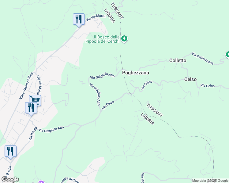 map of restaurants, bars, coffee shops, grocery stores, and more near 36 Via Ghigliolo Alto in Sarzana