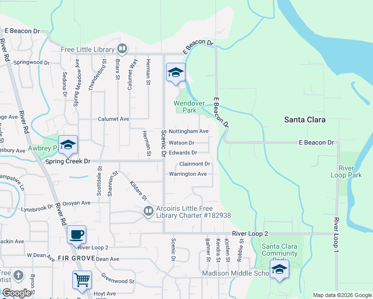 map of restaurants, bars, coffee shops, grocery stores, and more near 569 Watson Drive in Eugene