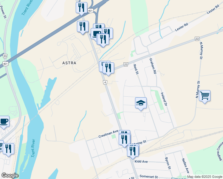 map of restaurants, bars, coffee shops, grocery stores, and more near 2527 Hamilton Road in Quinte West
