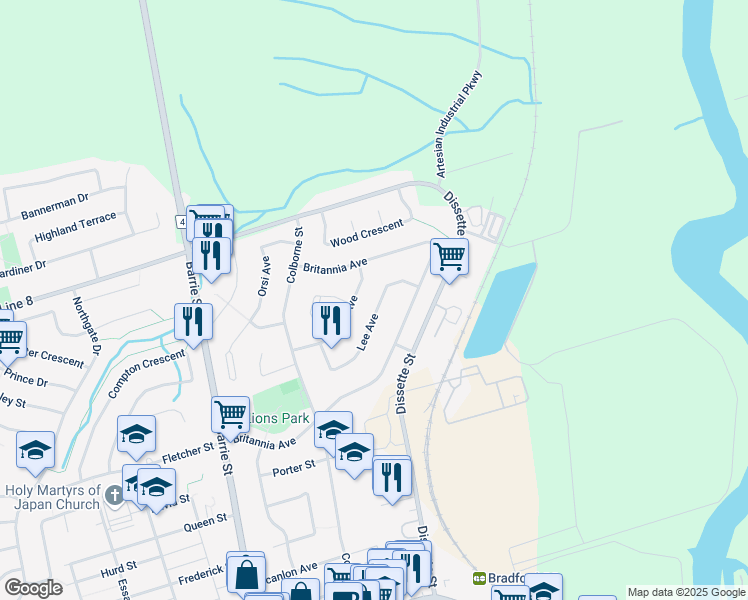 map of restaurants, bars, coffee shops, grocery stores, and more near 139 Lee Avenue in Bradford West Gwillimbury