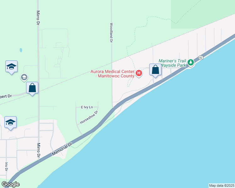 map of restaurants, bars, coffee shops, grocery stores, and more near 5300 Memorial Drive in Two Rivers