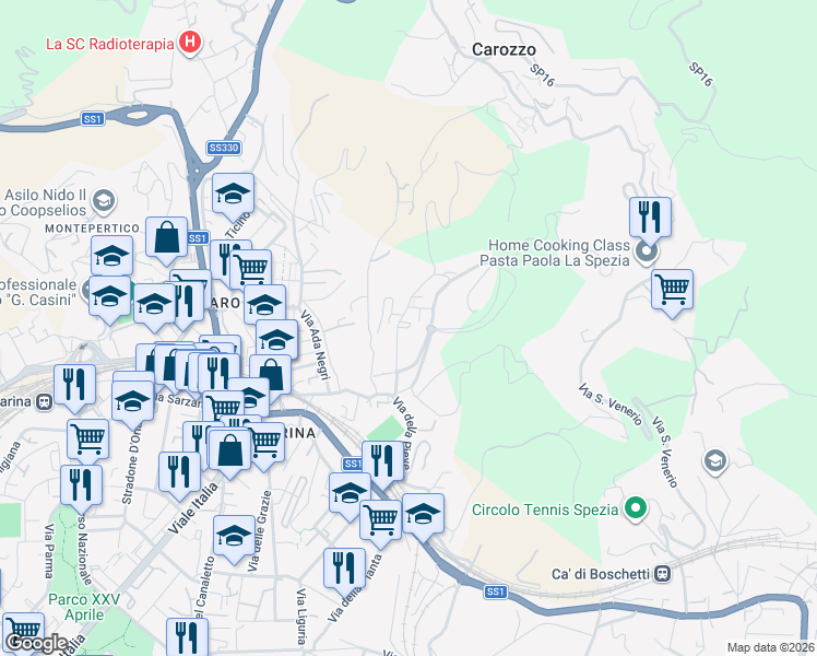 map of restaurants, bars, coffee shops, grocery stores, and more near 21 Via Privata da Passano in La Spezia