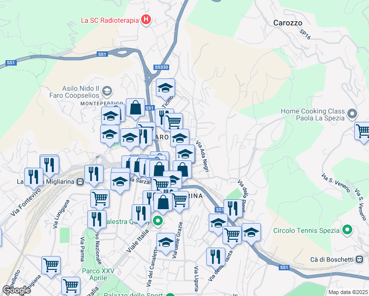 map of restaurants, bars, coffee shops, grocery stores, and more near Via Oldoini Alfredo in La Spezia
