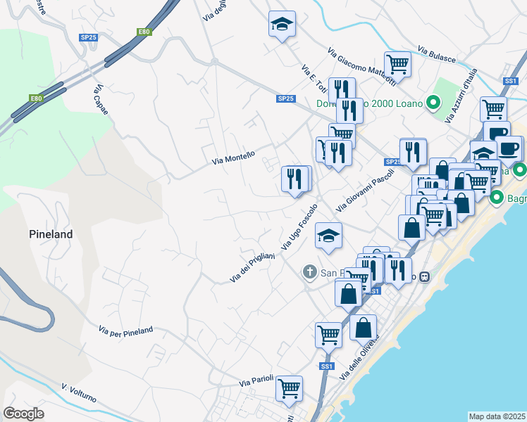 map of restaurants, bars, coffee shops, grocery stores, and more near 14 Via Guido Gozzano in Loano