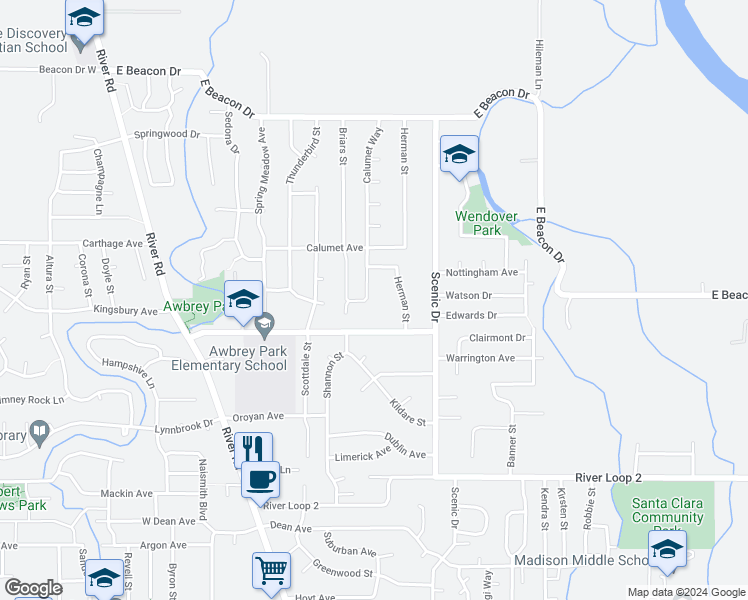 map of restaurants, bars, coffee shops, grocery stores, and more near 4425 Calumet Way in Eugene