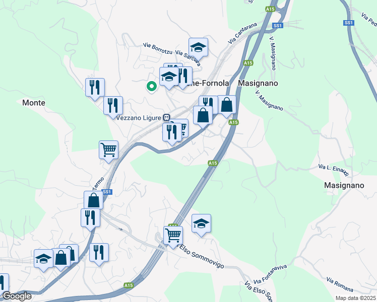 map of restaurants, bars, coffee shops, grocery stores, and more near Strada Statale 1 in Stazione-fornola