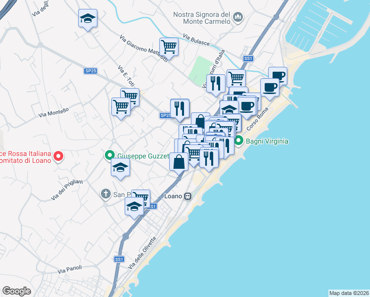 map of restaurants, bars, coffee shops, grocery stores, and more near 6 Via Antonio Fogazzaro in Loano