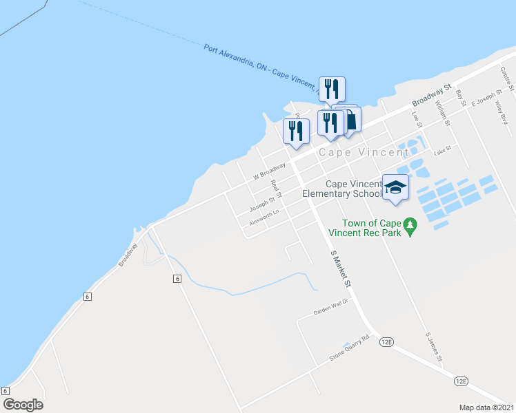 map of restaurants, bars, coffee shops, grocery stores, and more near Kanady Street in Cape Vincent
