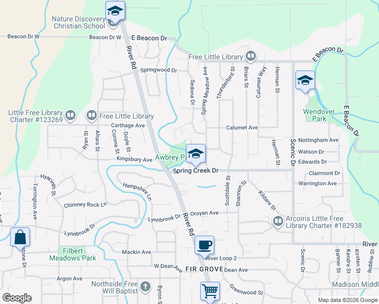 map of restaurants, bars, coffee shops, grocery stores, and more near 4366 Berry Lane in Eugene