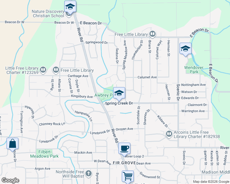 map of restaurants, bars, coffee shops, grocery stores, and more near 4366 Berry Lane in Eugene