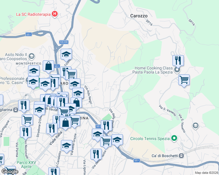 map of restaurants, bars, coffee shops, grocery stores, and more near 21 Via Privata da Passano in La Spezia