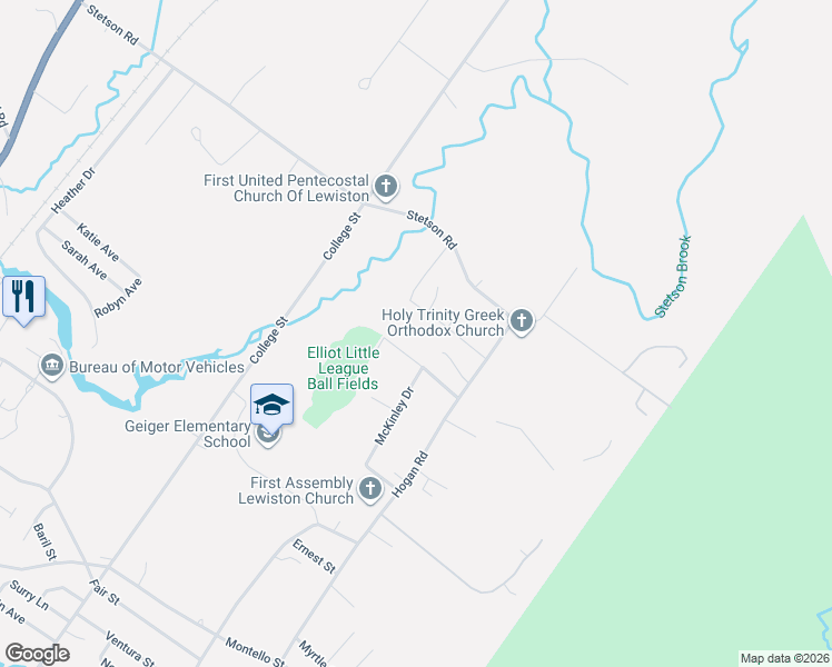 map of restaurants, bars, coffee shops, grocery stores, and more near 136 Hogan Road in Lewiston