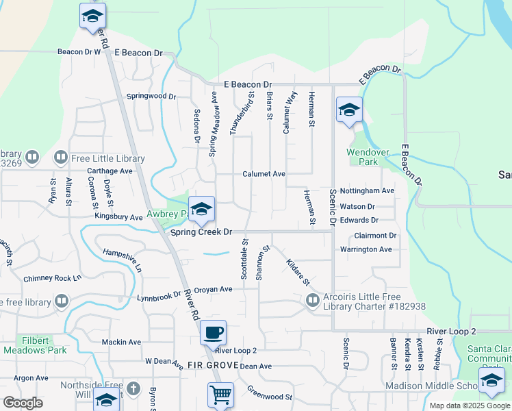 map of restaurants, bars, coffee shops, grocery stores, and more near 4393 Scottdale Street in Eugene