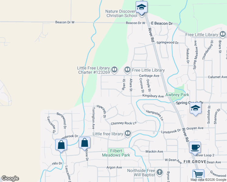map of restaurants, bars, coffee shops, grocery stores, and more near 320 Kingsbury Avenue in Eugene