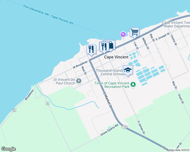 map of restaurants, bars, coffee shops, grocery stores, and more near 277 South Market Street in Cape Vincent
