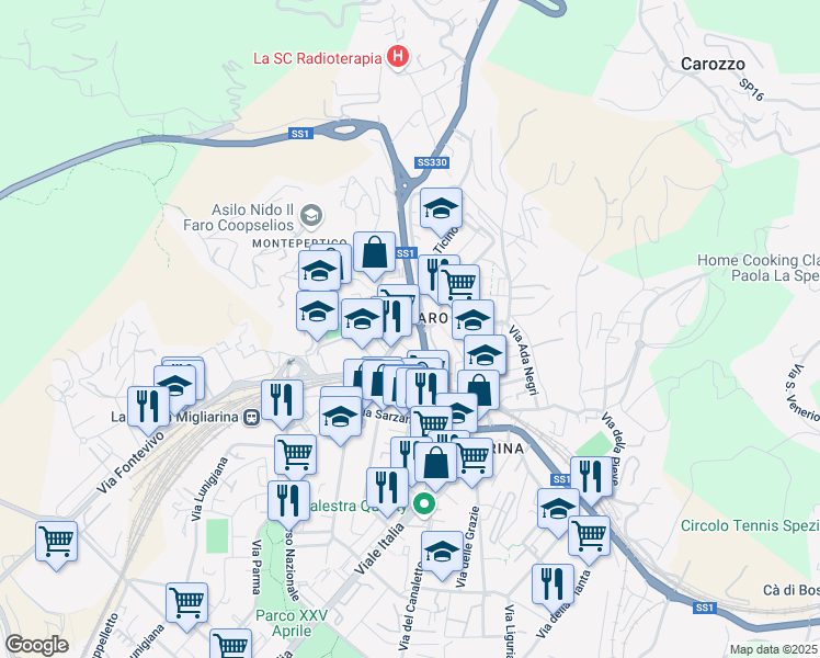 map of restaurants, bars, coffee shops, grocery stores, and more near 136 Via Buonviaggio in La Spezia