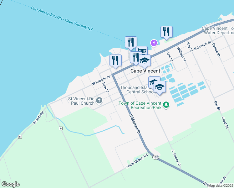 map of restaurants, bars, coffee shops, grocery stores, and more near 277 South Market Street in Cape Vincent