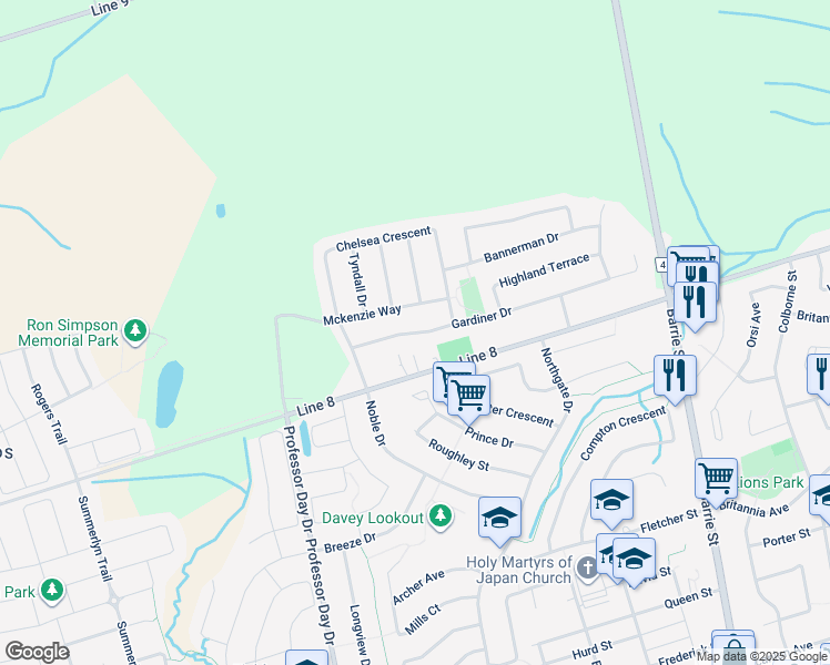 map of restaurants, bars, coffee shops, grocery stores, and more near Gardiner Drive in Bradford West Gwillimbury