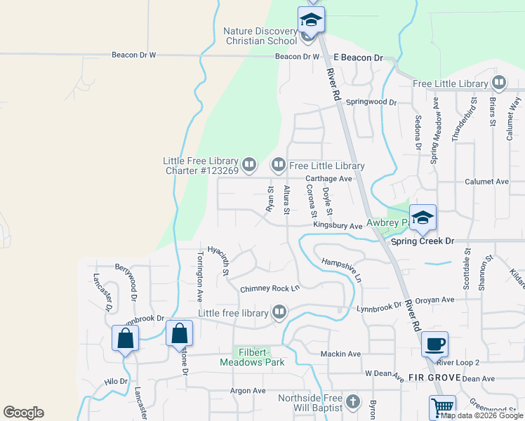 map of restaurants, bars, coffee shops, grocery stores, and more near 301 Kingsbury Avenue in Eugene