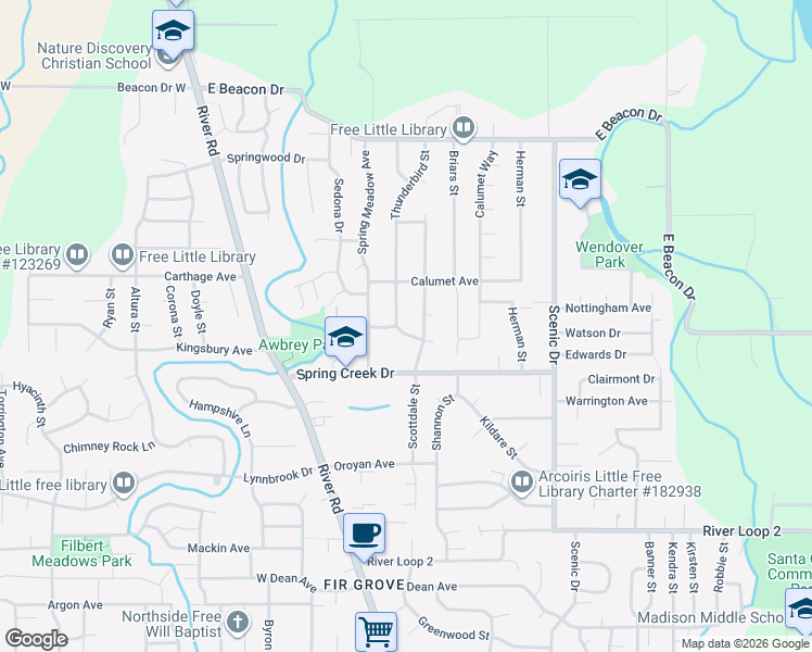 map of restaurants, bars, coffee shops, grocery stores, and more near 4425 Thunderbird Street in Eugene