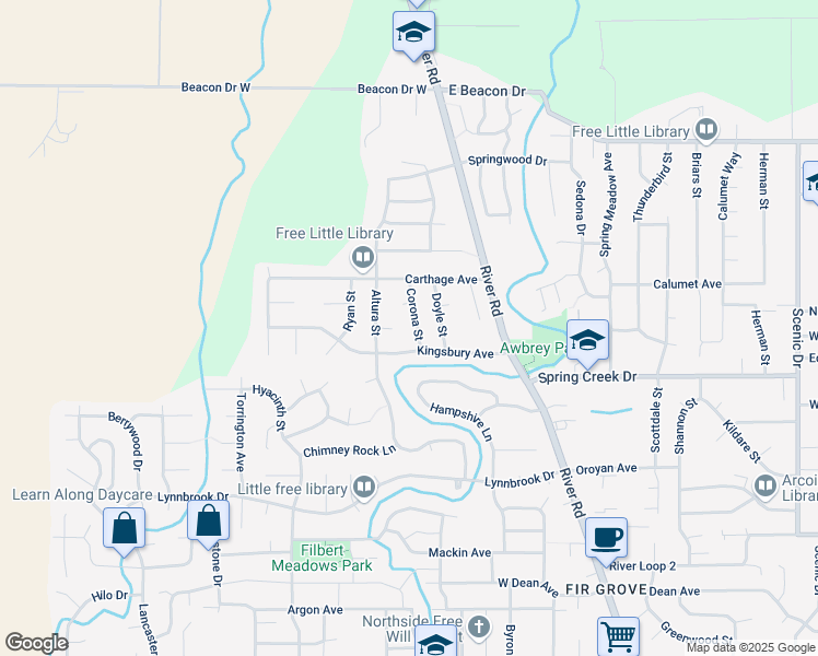 map of restaurants, bars, coffee shops, grocery stores, and more near 4470 Corona Street in Eugene