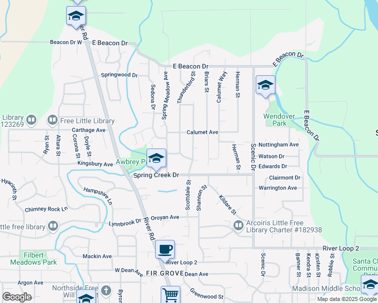 map of restaurants, bars, coffee shops, grocery stores, and more near 4425 Thunderbird Street in Eugene