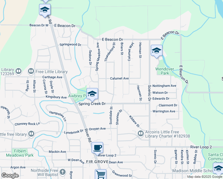 map of restaurants, bars, coffee shops, grocery stores, and more near 4425 Thunderbird Street in Eugene