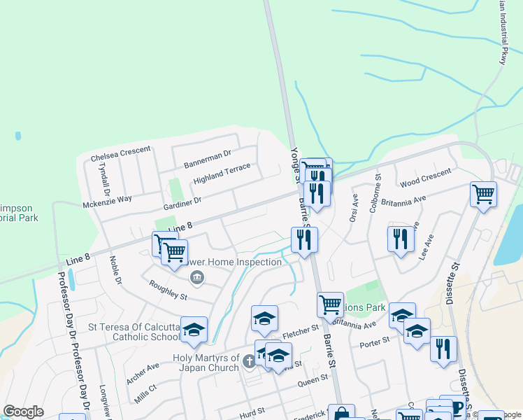 map of restaurants, bars, coffee shops, grocery stores, and more near 26 Countryside Court in Bradford West Gwillimbury