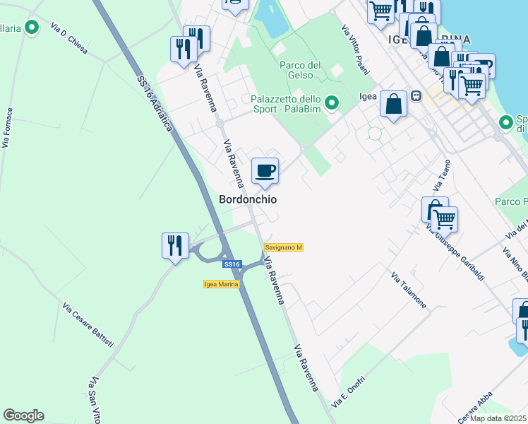 map of restaurants, bars, coffee shops, grocery stores, and more near Piazzale Don Giovanni Verità in Igea Marina
