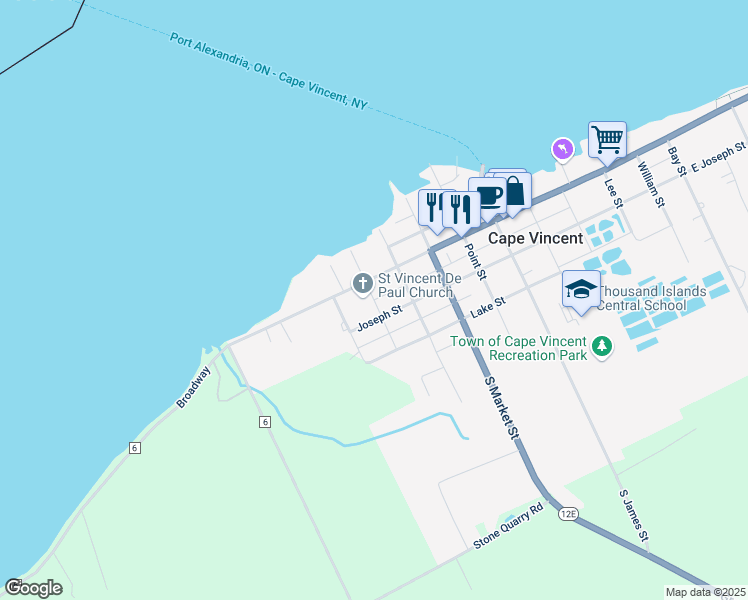 map of restaurants, bars, coffee shops, grocery stores, and more near Kanady Street in Cape Vincent