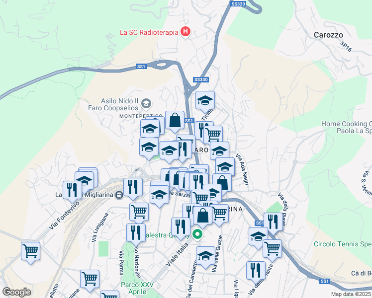 map of restaurants, bars, coffee shops, grocery stores, and more near 136 Via Buonviaggio in La Spezia