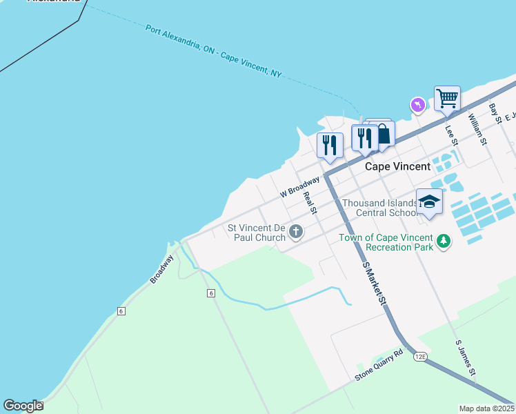 map of restaurants, bars, coffee shops, grocery stores, and more near West Broadway in Cape Vincent