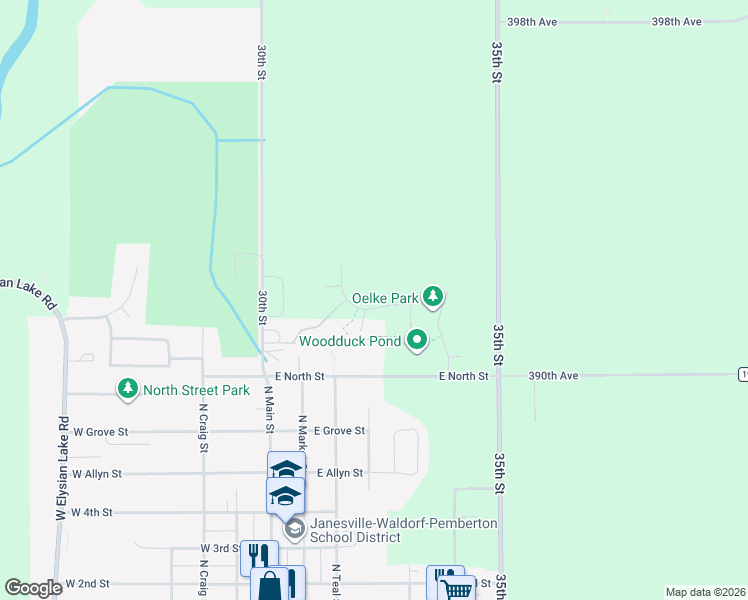 map of restaurants, bars, coffee shops, grocery stores, and more near 551 Oakwood Drive in Janesville