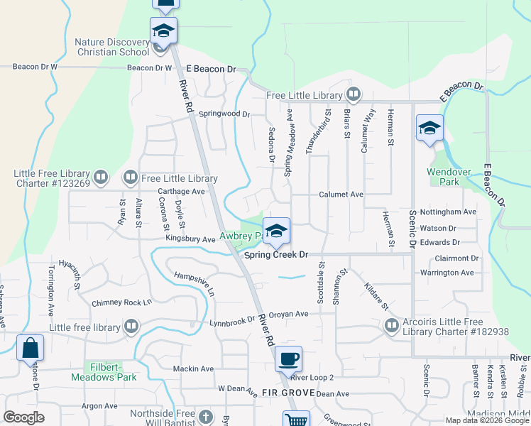 map of restaurants, bars, coffee shops, grocery stores, and more near 4390 Berry Lane in Eugene