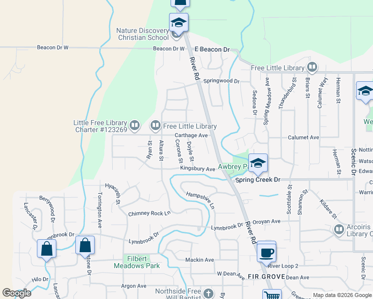 map of restaurants, bars, coffee shops, grocery stores, and more near 4470 Corona Street in Eugene