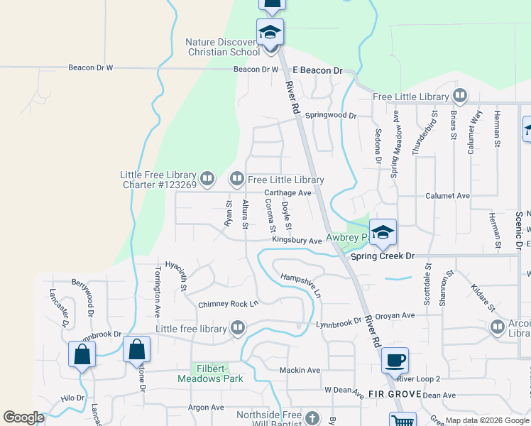 map of restaurants, bars, coffee shops, grocery stores, and more near 4490 Corona Street in Eugene