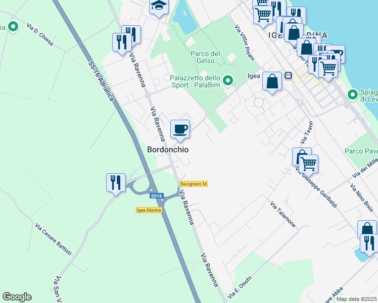 map of restaurants, bars, coffee shops, grocery stores, and more near Piazzale Don Giovanni Verità in Igea Marina