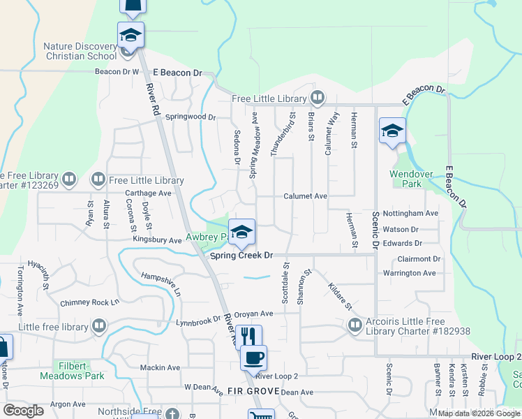 map of restaurants, bars, coffee shops, grocery stores, and more near 4518 Spring Meadow Avenue in Eugene