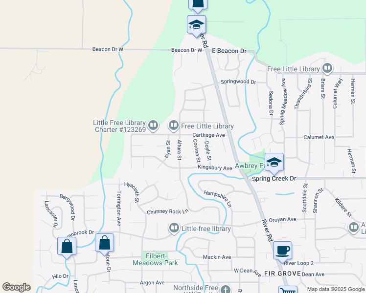 map of restaurants, bars, coffee shops, grocery stores, and more near 4467 Altura Street in Eugene
