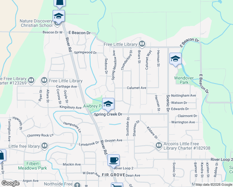 map of restaurants, bars, coffee shops, grocery stores, and more near 4518 Spring Meadow Avenue in Eugene